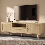 [Oak Effect] Wovena rattan TV unit on patterned rug below wall-mounted TV, ceramic vase and gold ornament on top