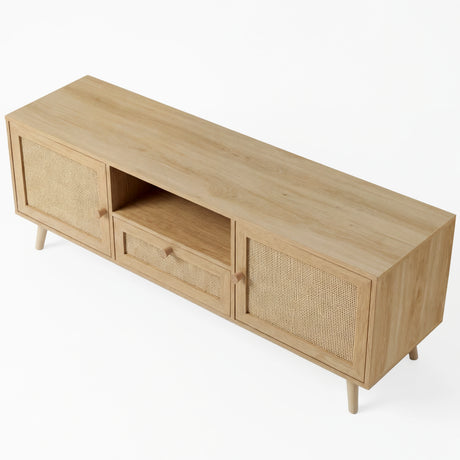 [Oak Effect] Wovena TV unit in a 3/4 overhead view on a white background showing the warm oak top panel, rattan doors, and splayed oak legs