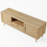 [Oak Effect] Angled overhead shot of Wovena rattan TV unit with two cane doors and four tapered oak legs