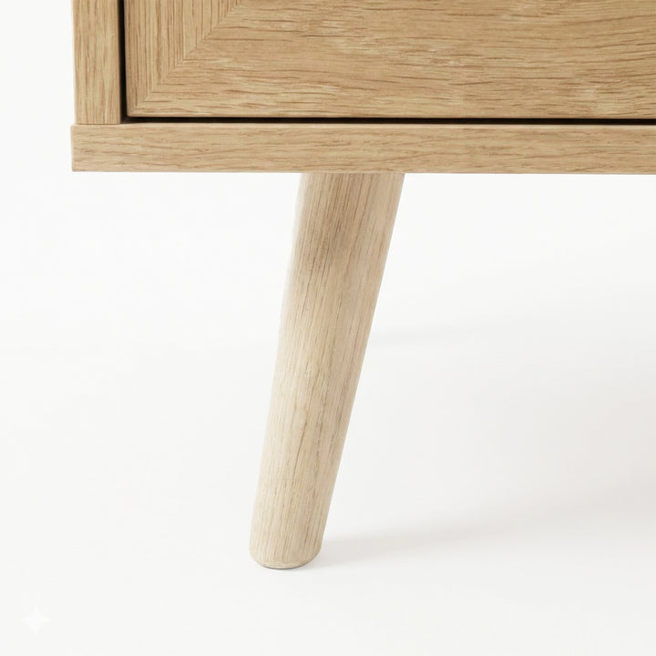 [Oak Effect] close shot of Wovena tapered leg in oak effect finish at the cabinet base corner edge
