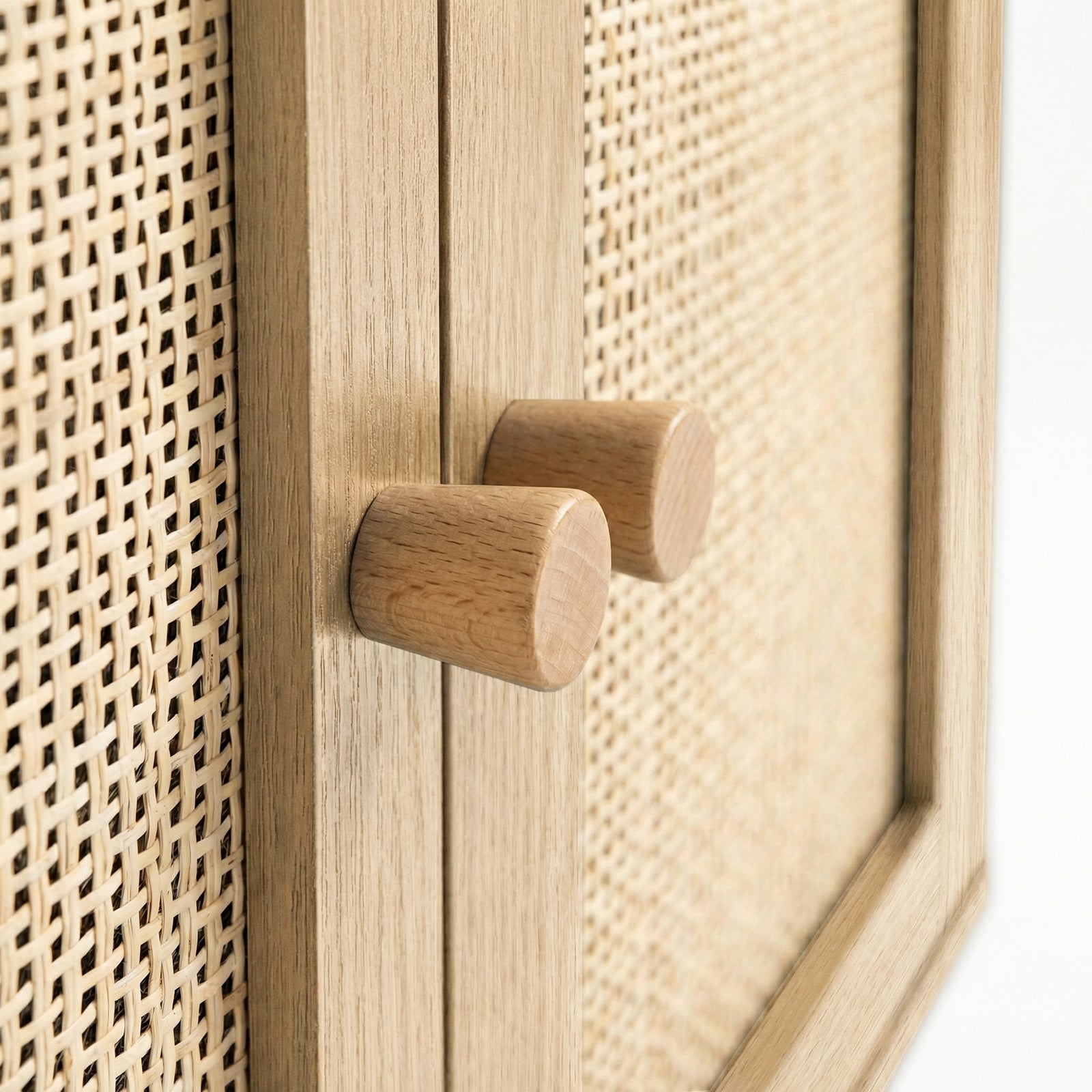 [Oak Effect] macro of Wovena sideboard oak knobs side by side, rattan diamond weave visible left and right