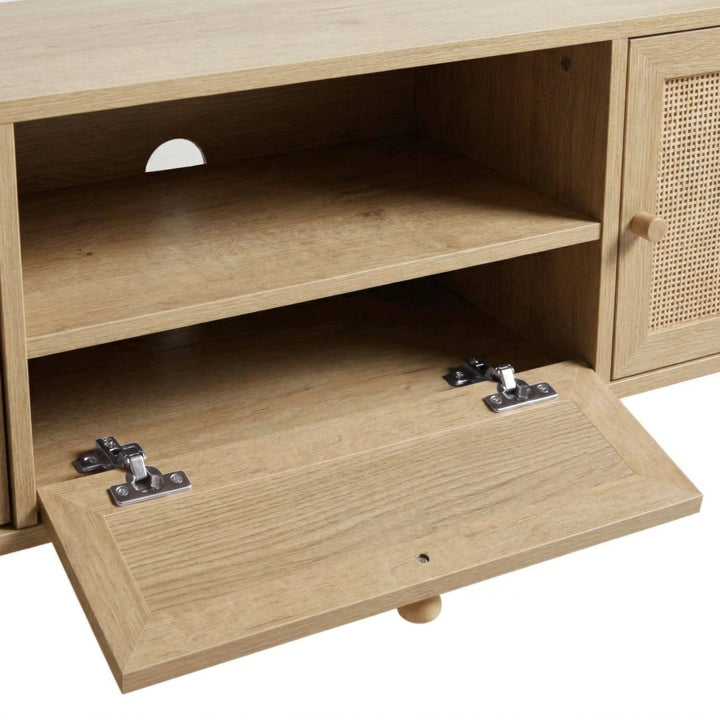 [Oak Effect] Wovena TV unit detail: drop-down panel open, two soft-close hinges and semicircular cable cut-out shown