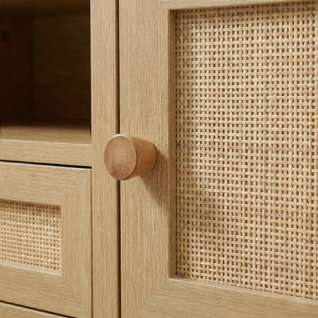 [Oak Effect] Wovena close-up of a solid cylindrical oak knob handle set against the oak effect wood grain frame with woven rattan panel alongside