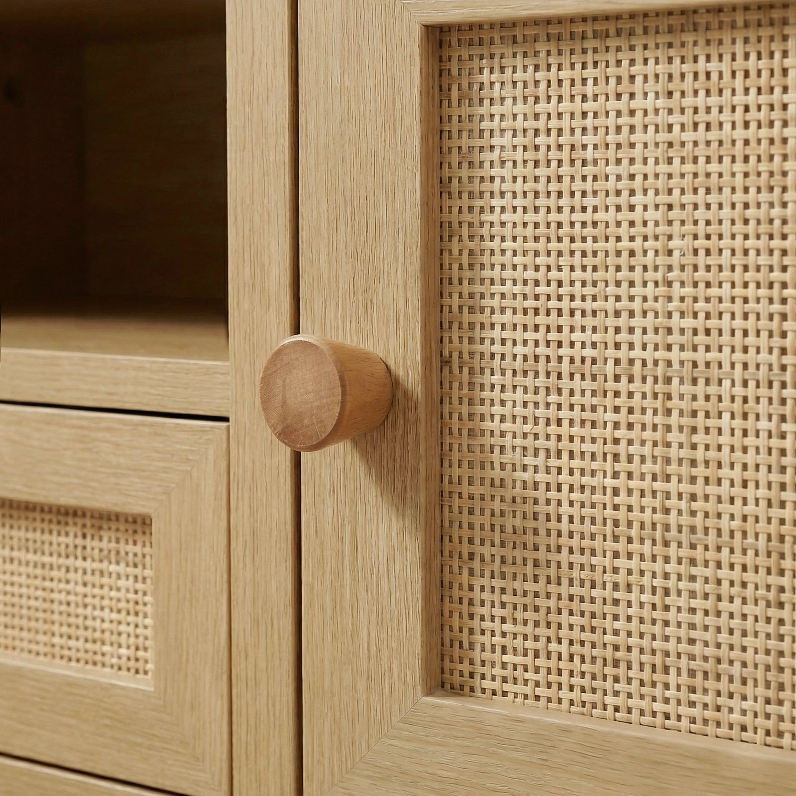 [Oak Effect] Cylindrical oak knob handle on rattan door of Wovena TV unit shown against grain frame