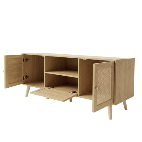 [Oak Effect] Wovena TV unit with left door open on a white background showing the oak effect interior, adjustable shelf, drop-down panel, and hinge hardware