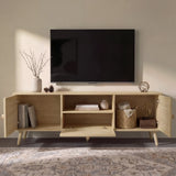 [Oak Effect] Lifestyle of Wovena TV unit doors open, drop-down panel down, books and basket inside left compartment