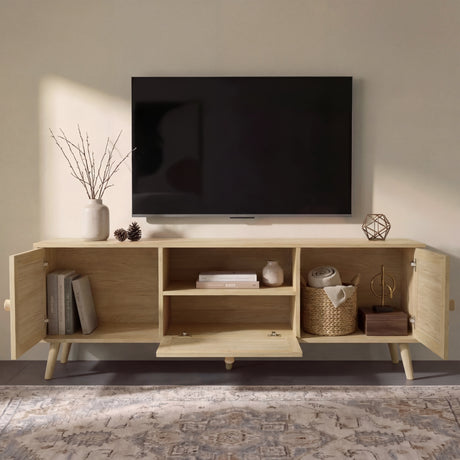 [Oak Effect] Wovena TV unit with doors open in a living room, showing styled interior compartments with books, a woven basket, and decorative objects