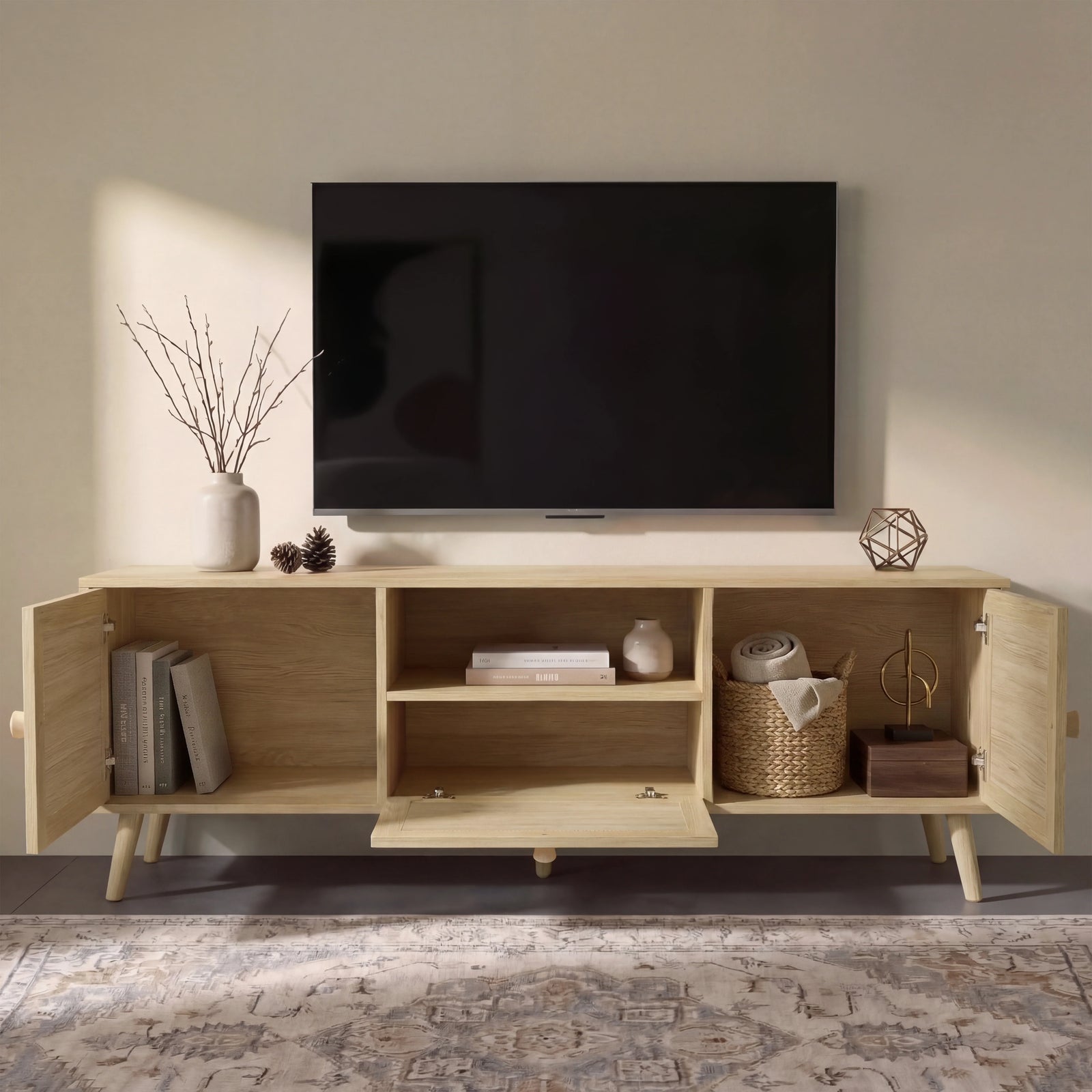 [Oak Effect] Lifestyle of Wovena TV unit doors open, drop-down panel down, books and basket inside left compartment