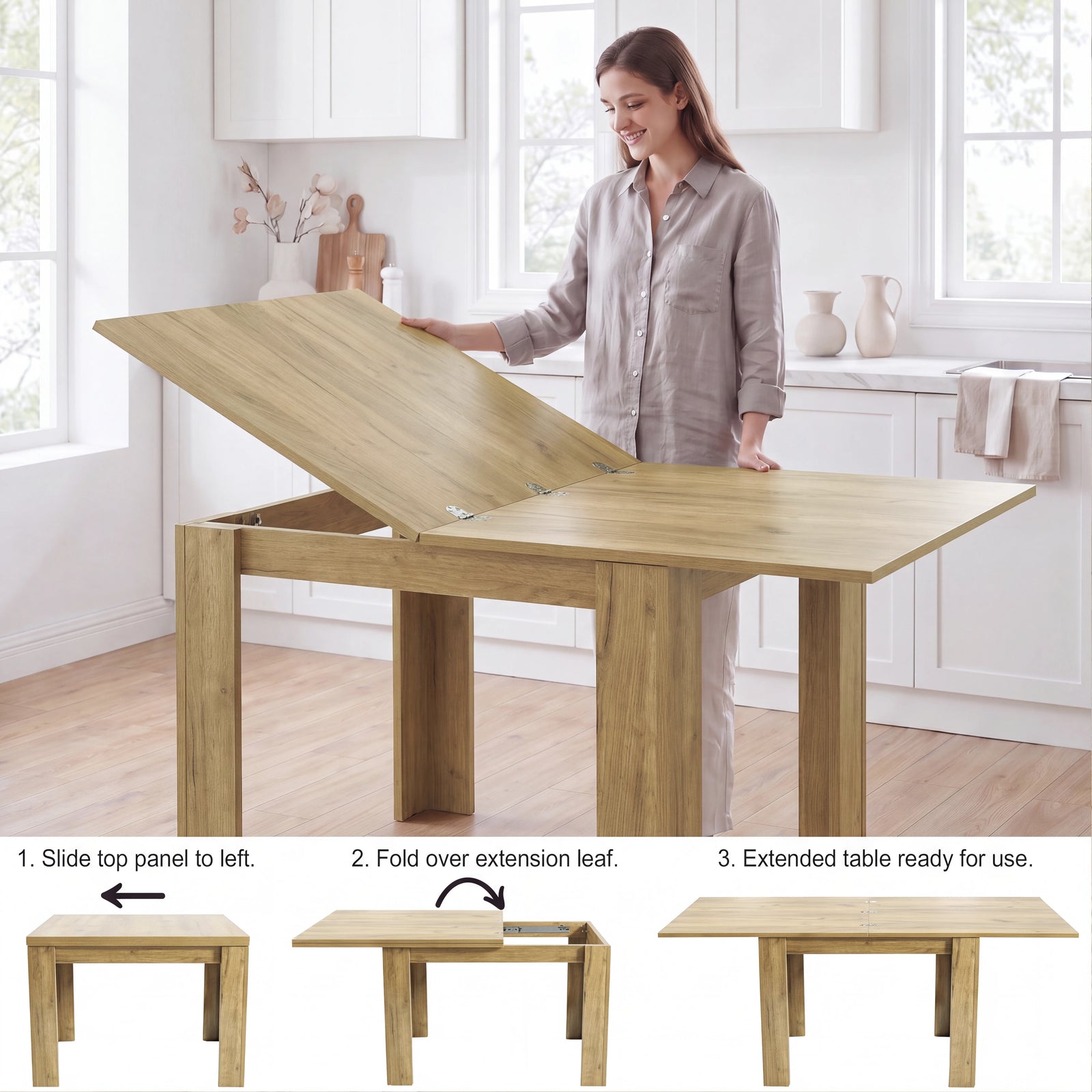 [Oak] Woman extending table: Step 1 slide top panel left, Step 2 fold over extension leaf, Step 3 table ready for use