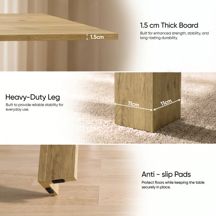 [Oak] Flip-top extendable table details: 1.5cm board, 11 x 11cm sturdy leg and anti-slip footpads protecting floors.