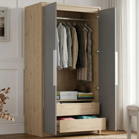 [ Oak+Grey] Skova wardrobe open displaying full-width hanging rail, shelf storage, and two oak pull-out drawers