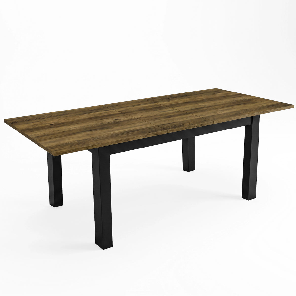 [140cm | Oak] Closed dining table on white background with wood-effect top, square legs, and centre support