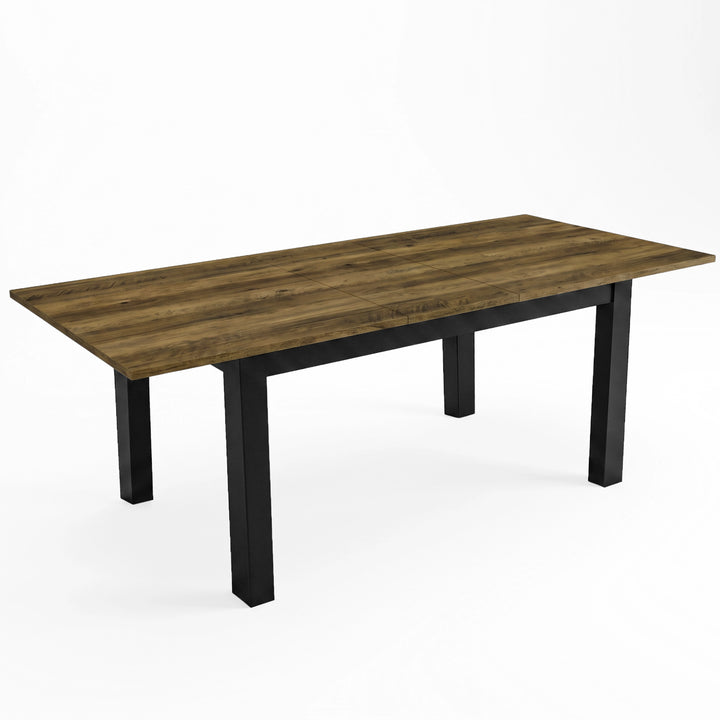 [140cm | Oak] Closed dining table on white background with wood-effect top, square legs, and centre support