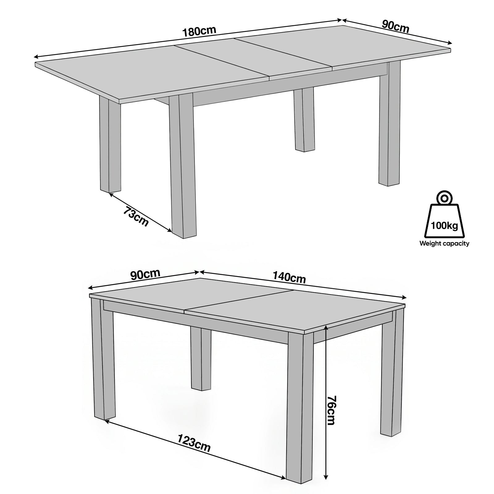 [140cm | Oak] Size guide shows 140-180 x 90 x 76cm extendable dining table, 73cm clearance, 123cm leg gap, 100kg capacity.