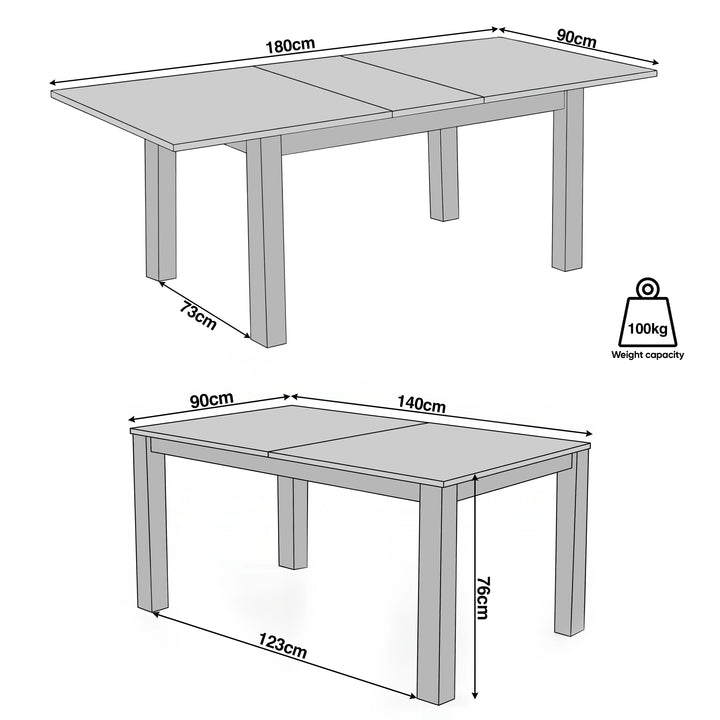 [140cm | Oak] Size guide shows 140-180 x 90 x 76cm extendable dining table, 73cm clearance, 123cm leg gap, 100kg capacity.