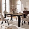 [140cm | Oak] Closed 140cm extendable table with four brown chairs, light oak top, vase, wooden tray and cream-white frame.