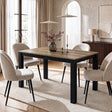 [140cm | Oak] Closed 140cm extendable table with four brown chairs, light oak top, vase, wooden tray and cream-white frame.