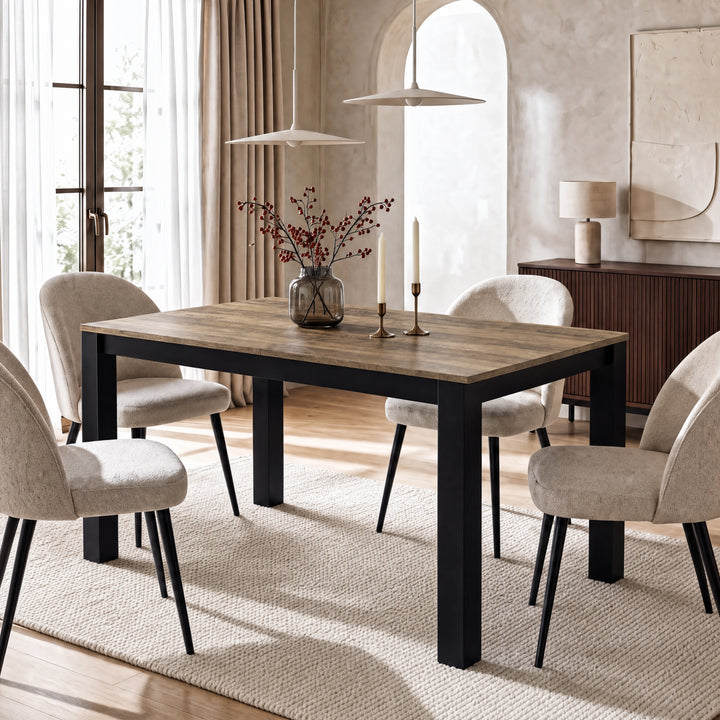 [160 cm | Oak] Closed 160cm dining table with four cream chairs, Oak top, berry vase, candles and black iron frame.