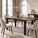 [140cm | Oak] 180cm extended dining table with six cream chairs, 40cm centre leaf, berry vase, two candles and black frame