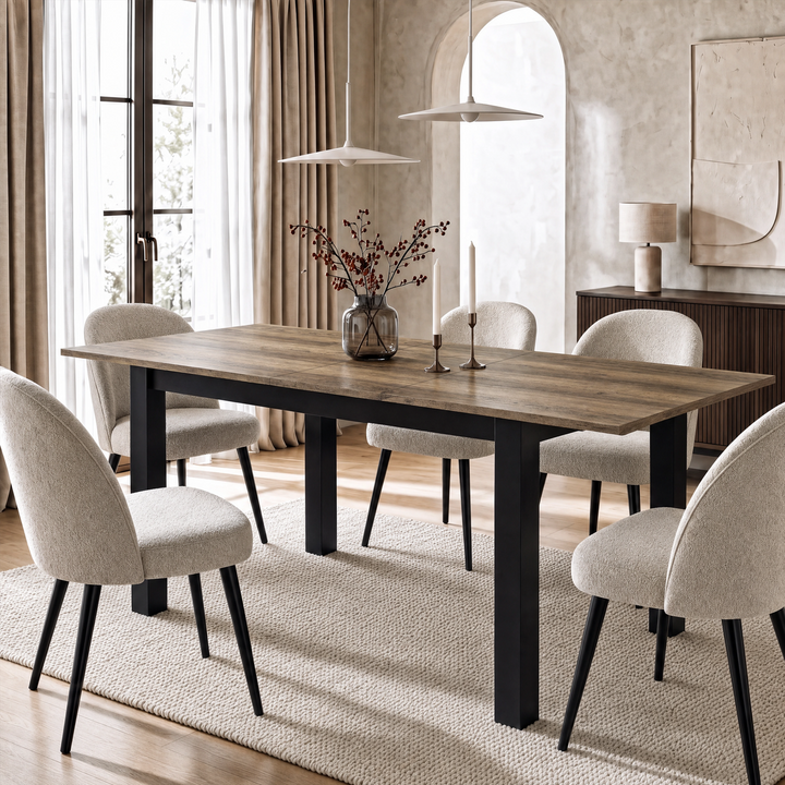 [140cm | Oak] 180cm extended dining table with six cream chairs, 40cm centre leaf, berry vase, two candles and black frame