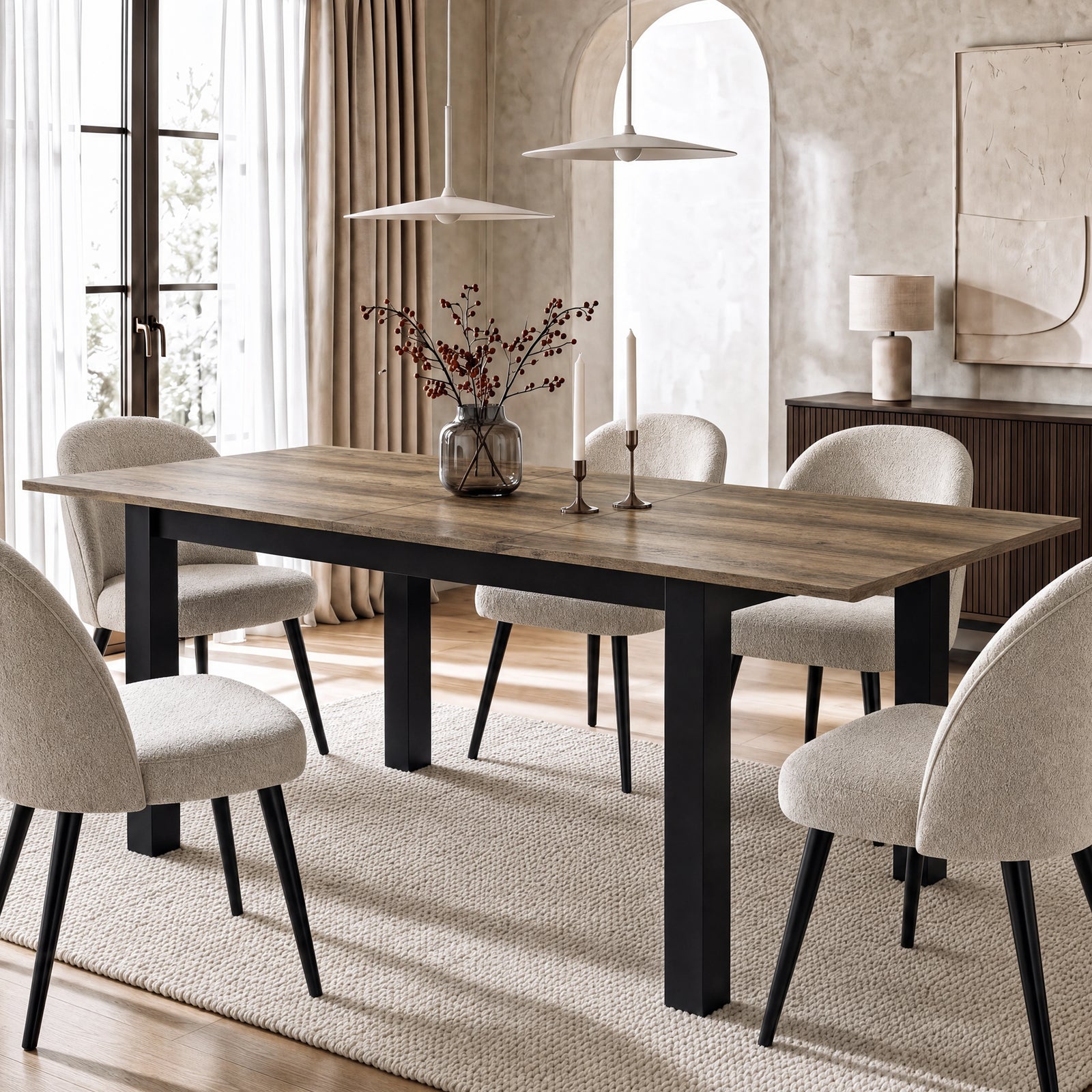 [160cm | Oak] 200cm extended dining table with six cream chairs, 40cm centre leaf, berry vase, candles and black frame.