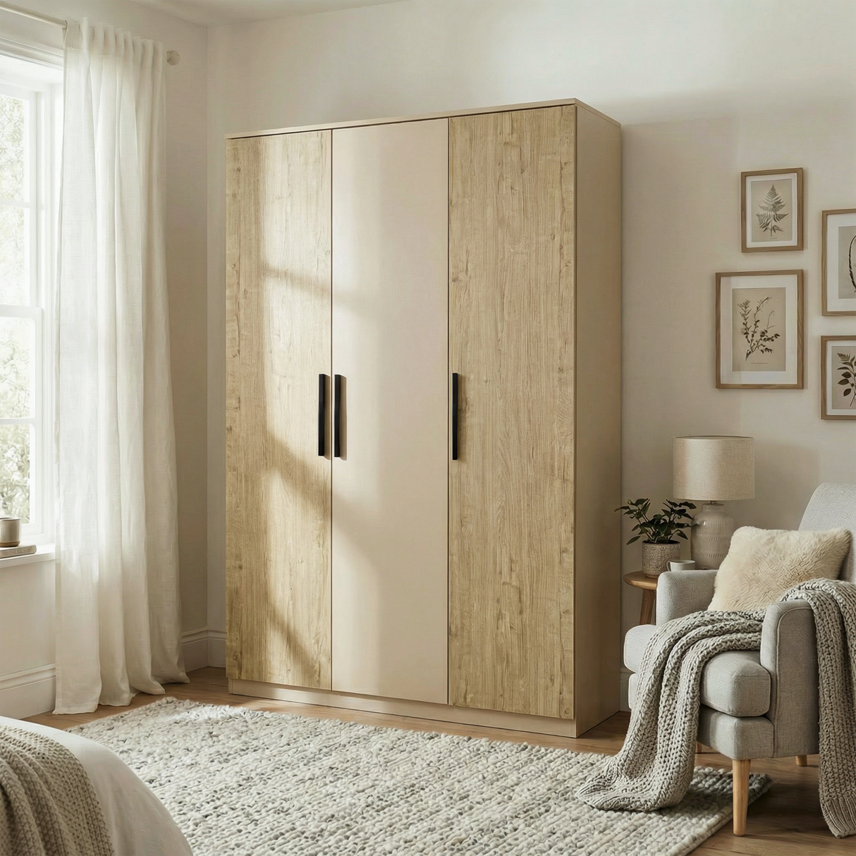 [Oak+Cashmere]  three door wardrobe positioned in natural light room setting with a neutral decor