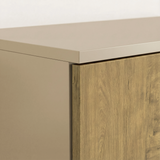 [Oak+Cashmere]  Top corner panel detail of oak and kashmira three door wardrobe, highlighting layered finish and smooth edge profile
