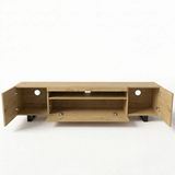 [Oak] Oak Kystra TV stand on a plain background, all doors open, side cable holes, drop-down centre door, two centre shelves