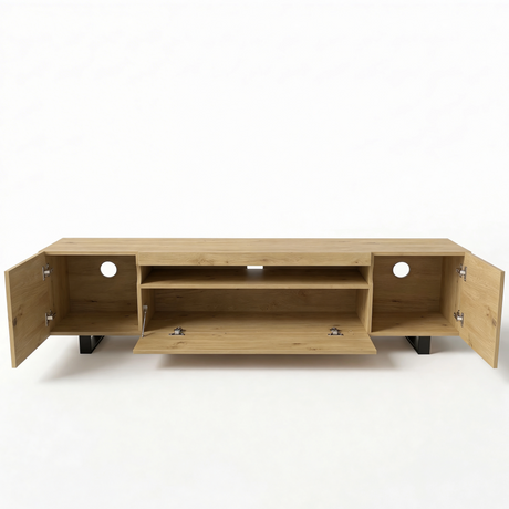 [Oak] Kystra TV stand on a plain background with all doors open, showing two side cabinets with circular cable holes and chrome hinges, a drop-down centre door, and two internal shelves
