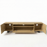 [Oak] Oak Kystra TV stand on a plain background, all doors open, side cable holes, drop-down centre door, two centre shelves