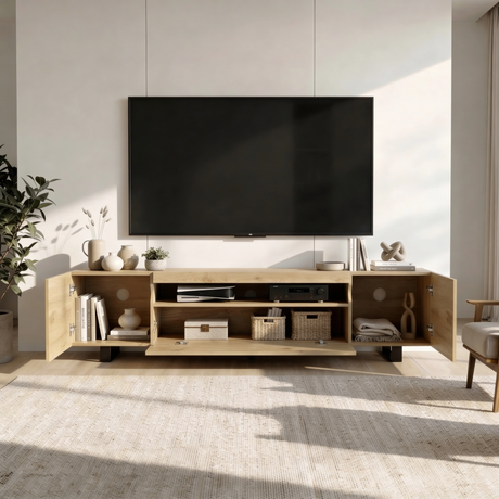 [Oak] Kystra TV stand with both side cabinet doors open showing books, baskets, a storage box, and folded textiles inside, with AV equipment in the two-shelf centre section below a wall-mounted TV
