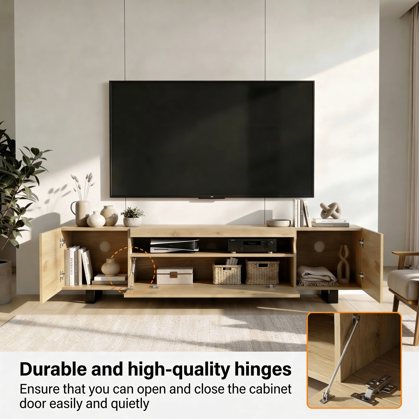 [Oak] Kystra oak TV unit room shot with feature caption about hinges, inset macro of the chrome soft-close hinge mechanism