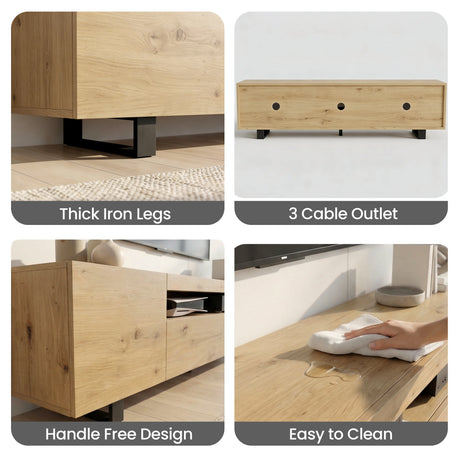 [Oak] Kystra TV stand detail collage showing thick black iron legs, three circular cable outlets across the back panel, handleless oak door fronts, and a hand wiping a spill from the surface
