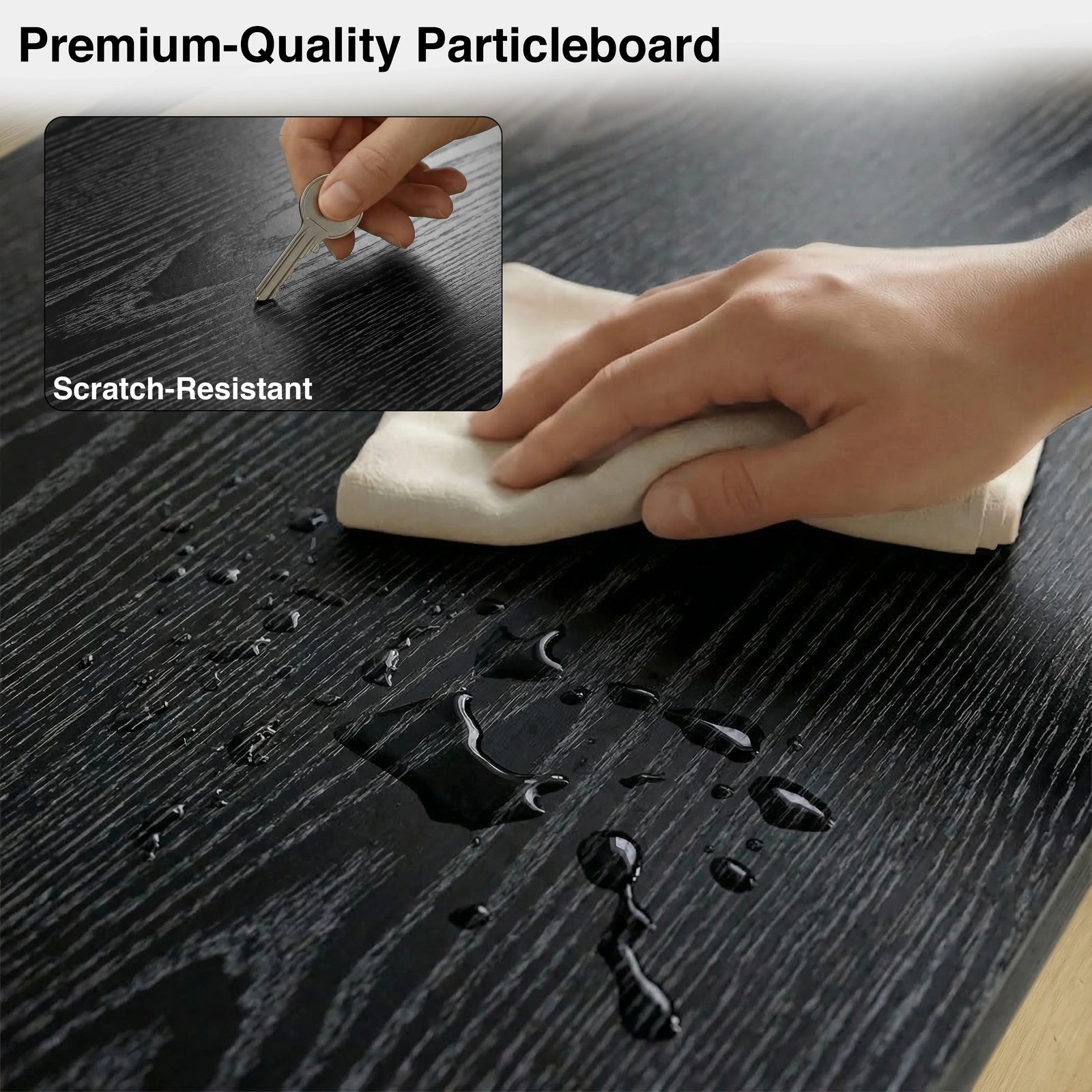 [Oak] Larvik dark top surface close-up with hand wiping water spillage and inset showing scratch-resistant key test