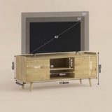 [Oak] Larvik annotated dimension diagram showing 112x40x55cm unit, 33cm door width, 43cm shelf width, and 43–55 inch TV compatibility