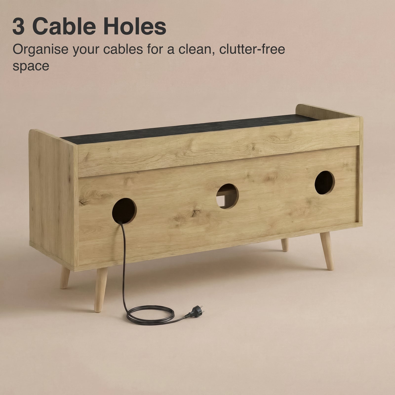 [Oak] Larvik rear panel showing three cable management holes with power cord threaded through on beige background