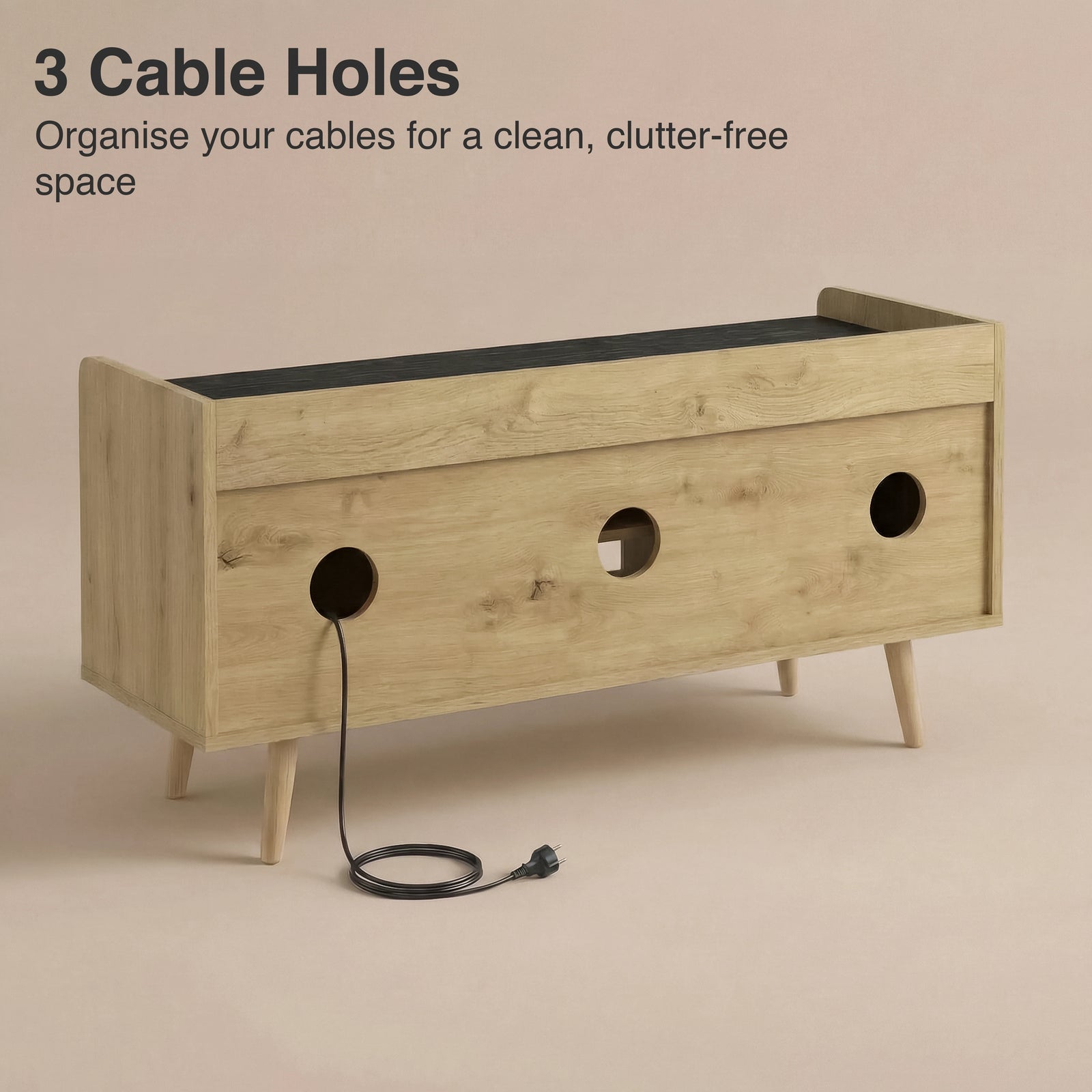 [Oak] Larvik rear panel showing three cable management holes with power cord threaded through on beige background