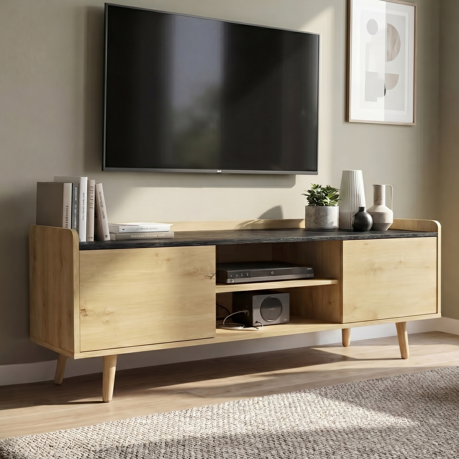 [Oak] Larvik TV Unit with Shelves in oak effect with a dark top, two side cabinet doors, open centre shelving and tapered legs against a neutral wall