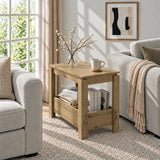 [Oak] Sunlit living room with a narrow side table beside a sofa, a blossom vase on top and books stored below.