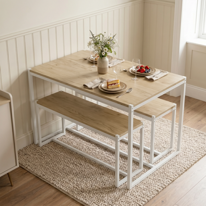 [Oak] Orvak Oak 4 Seater Dining Table with Bench Set tucked into a cosy breakfast nook with a plate of cake.