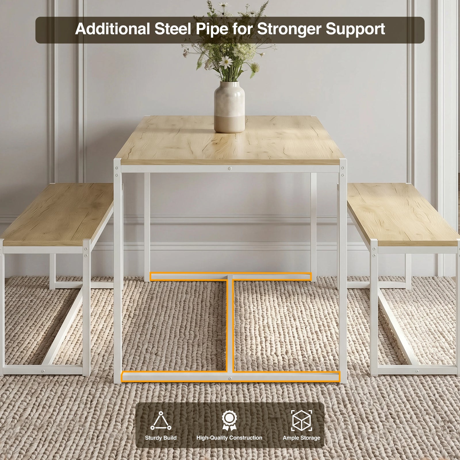 [Oak] Orvak Dining Table with Bench Set 4 Seater featuring additional metal pipe for stronger frame support
