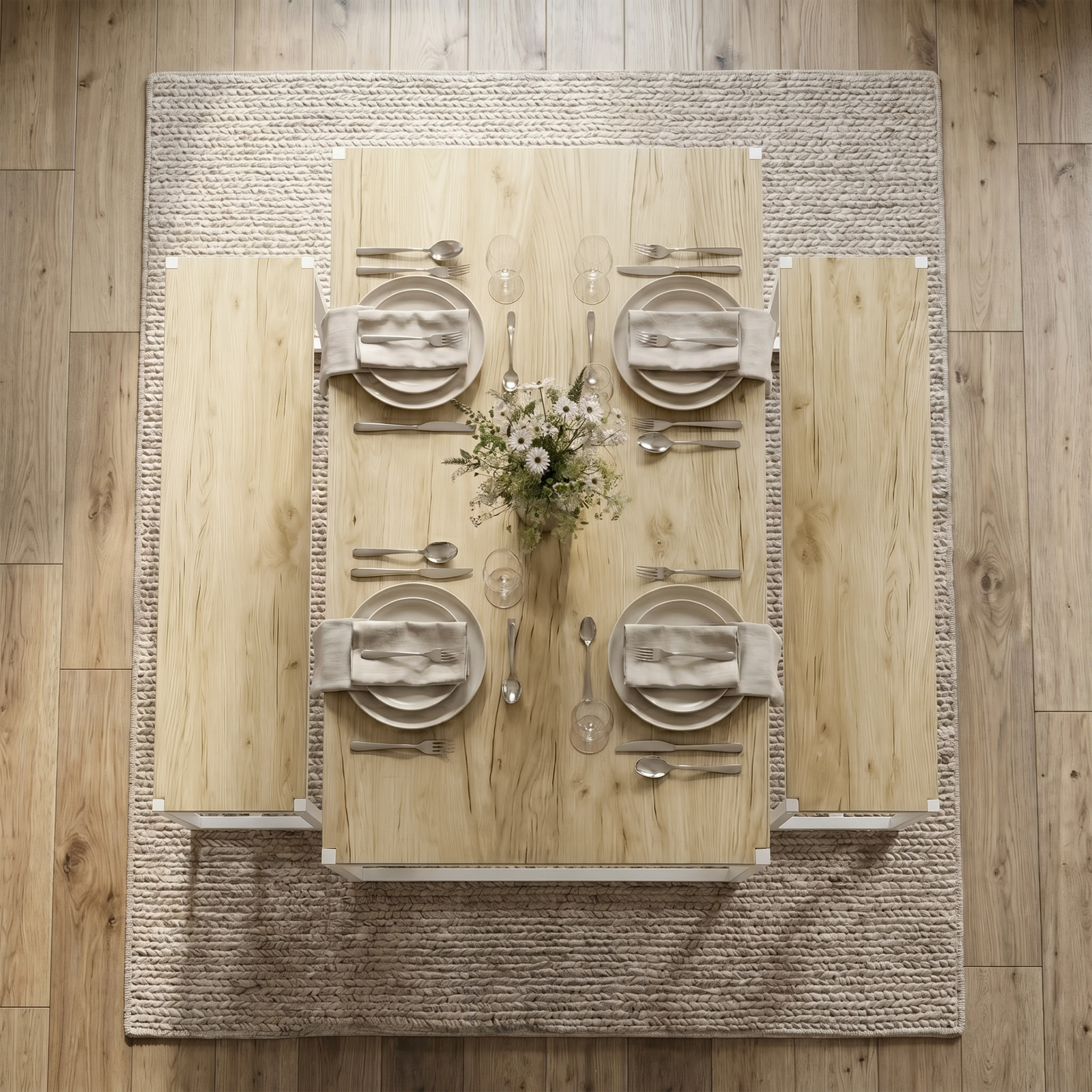 [Oak] Orvak Oak 4 Seater Dining Table with Bench Set top-down view displaying a symmetrical table with four plate setups.