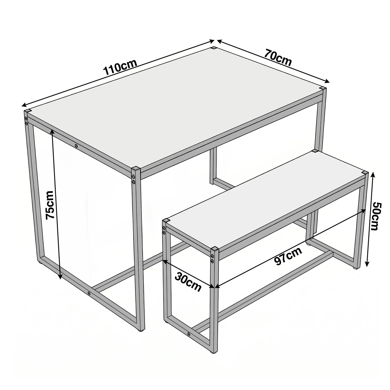 [Oak] Orvak Dining Table with Bench Set 4 Seater size diagram showing table and bench measurements in cm