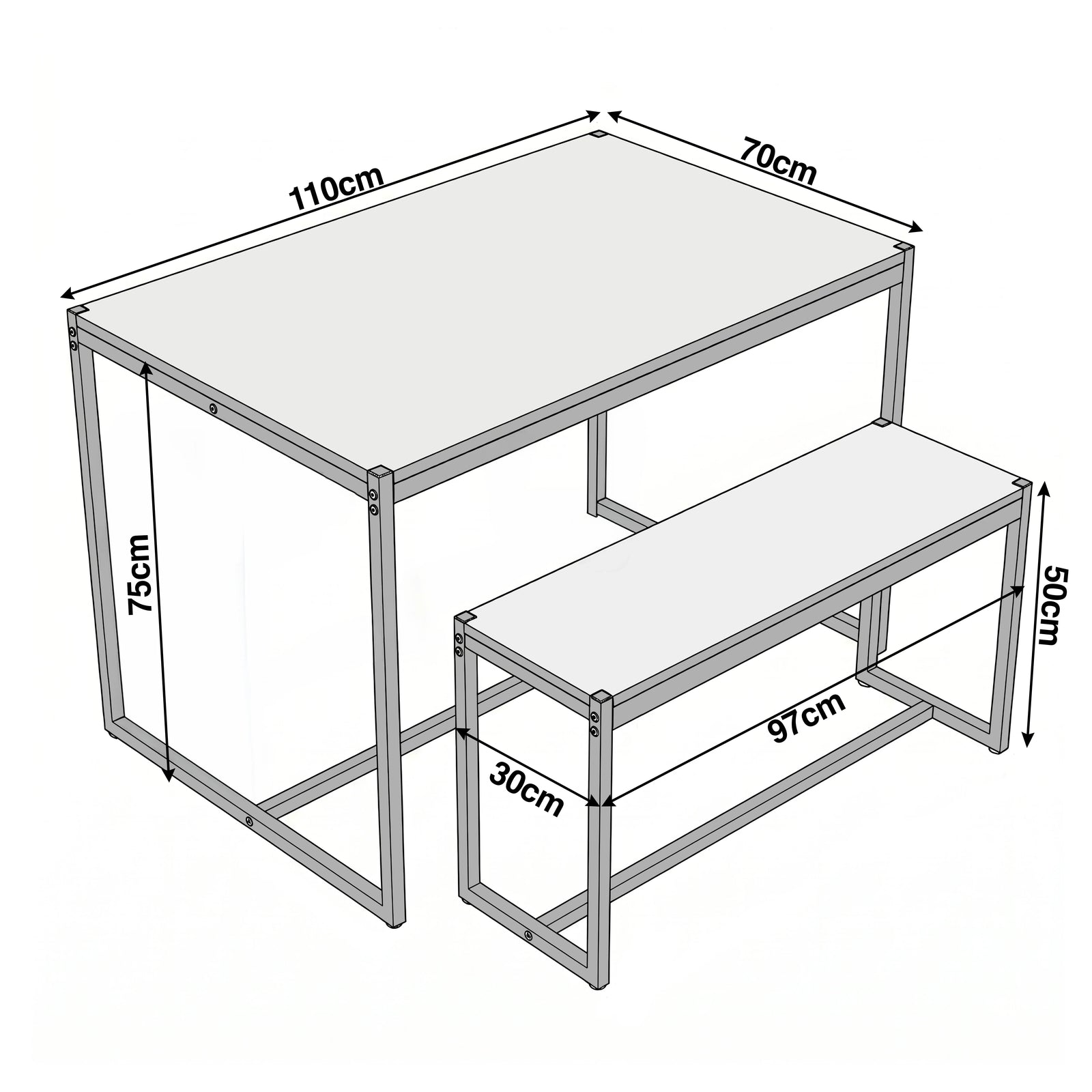 [Oak] Orvak Dining Table with Bench Set 4 Seater size diagram showing table and bench measurements in cm