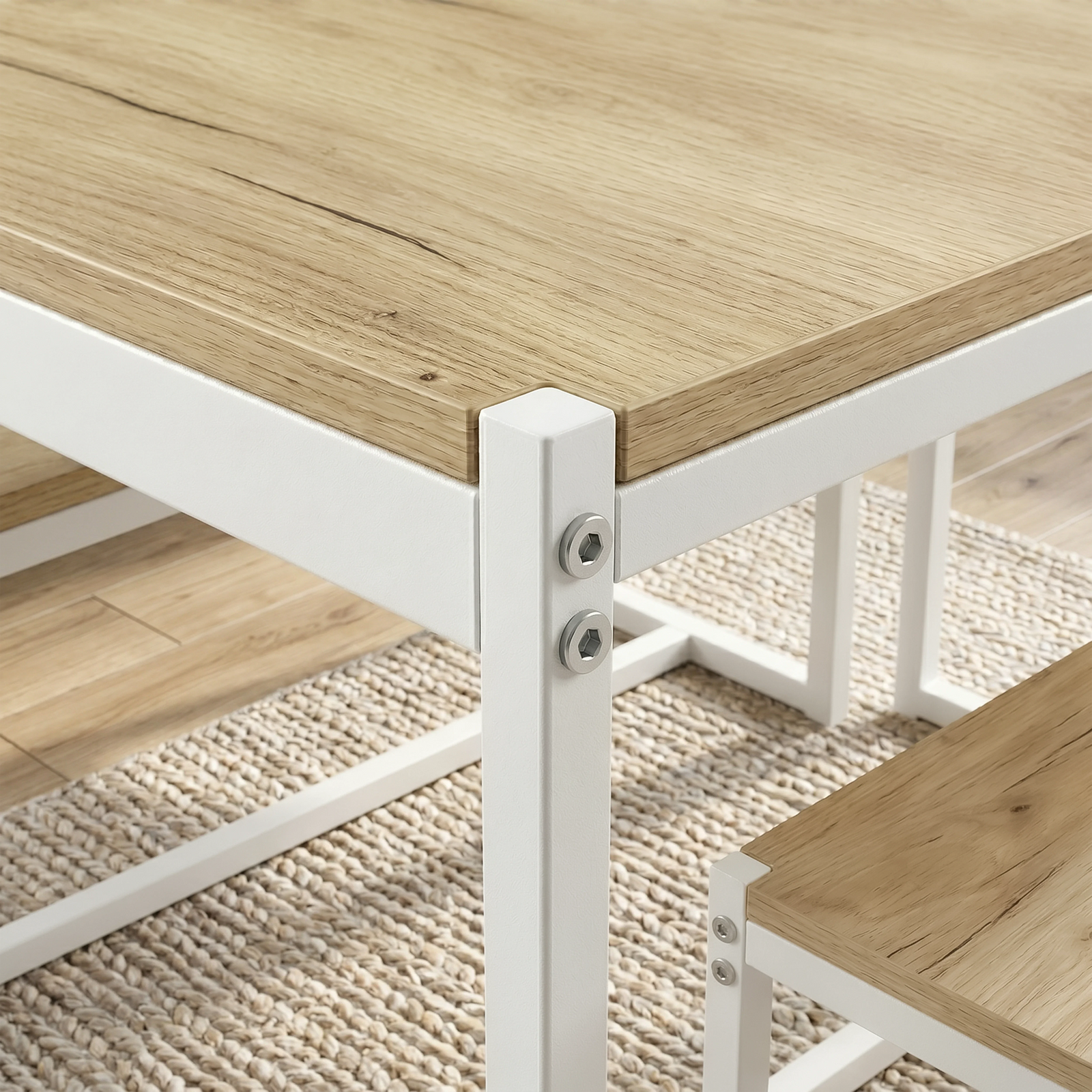 [Oak] Orvak Oak 4 Seater Dining Table with Bench Set close-up detailing the light wood grain top surface.