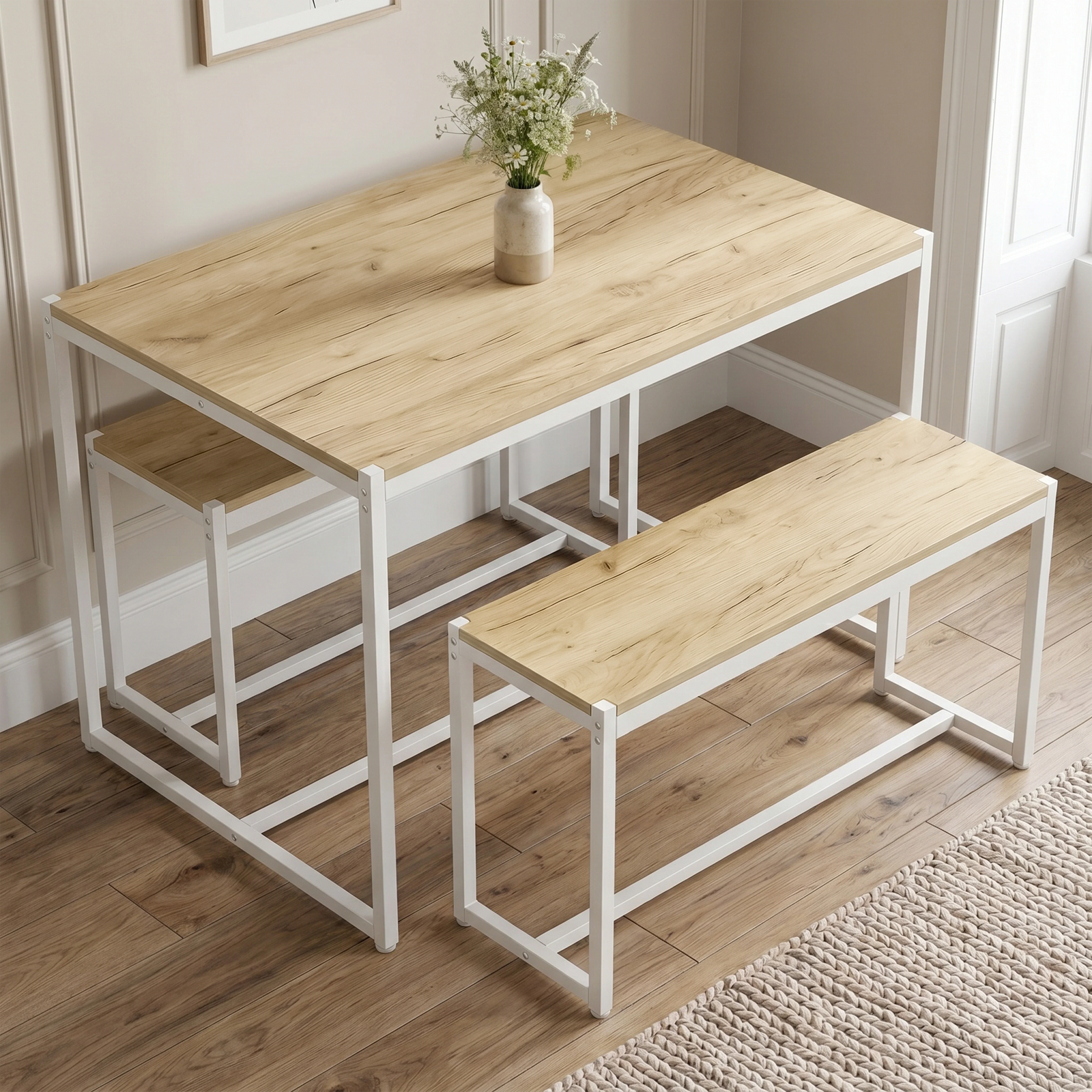 [Oak] Orvak Oak 4 Seater Dining Table with Bench Set showcasing the rectangular kitchen table.