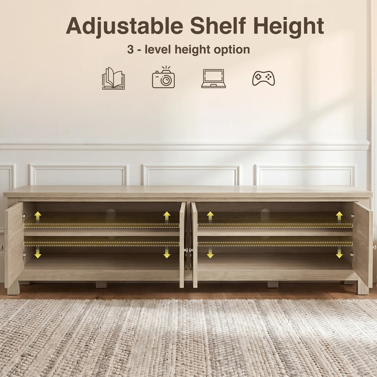 [Oak] Oskara TV unit 180cm adjustable shelf height infographic showing 3 position options