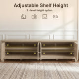 [Oak] Oskara TV unit 180cm adjustable shelf height infographic showing 3 position options