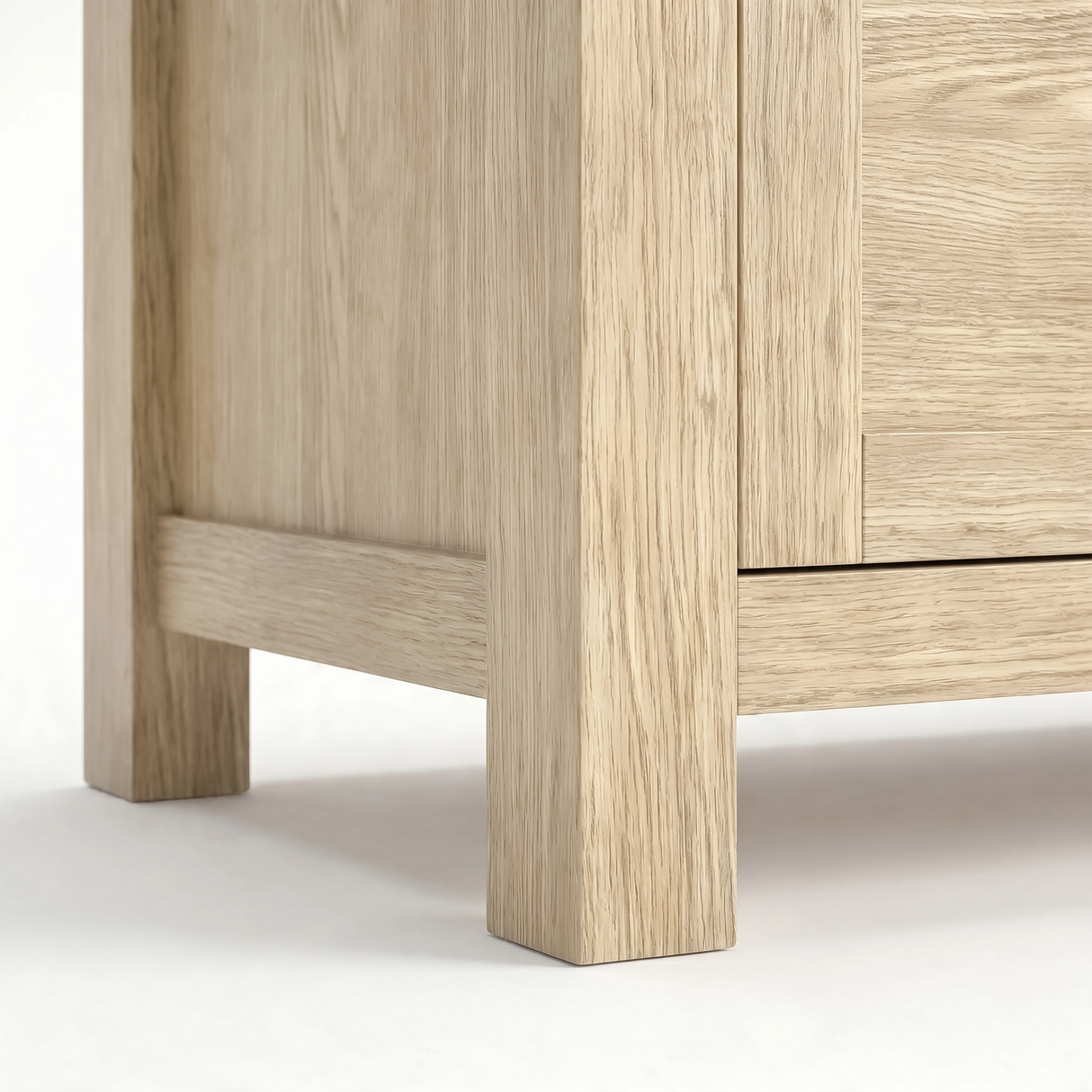 [Oak] Oskara TV unit 180cm close-up of square oak legs and side panel showing natural wood grain