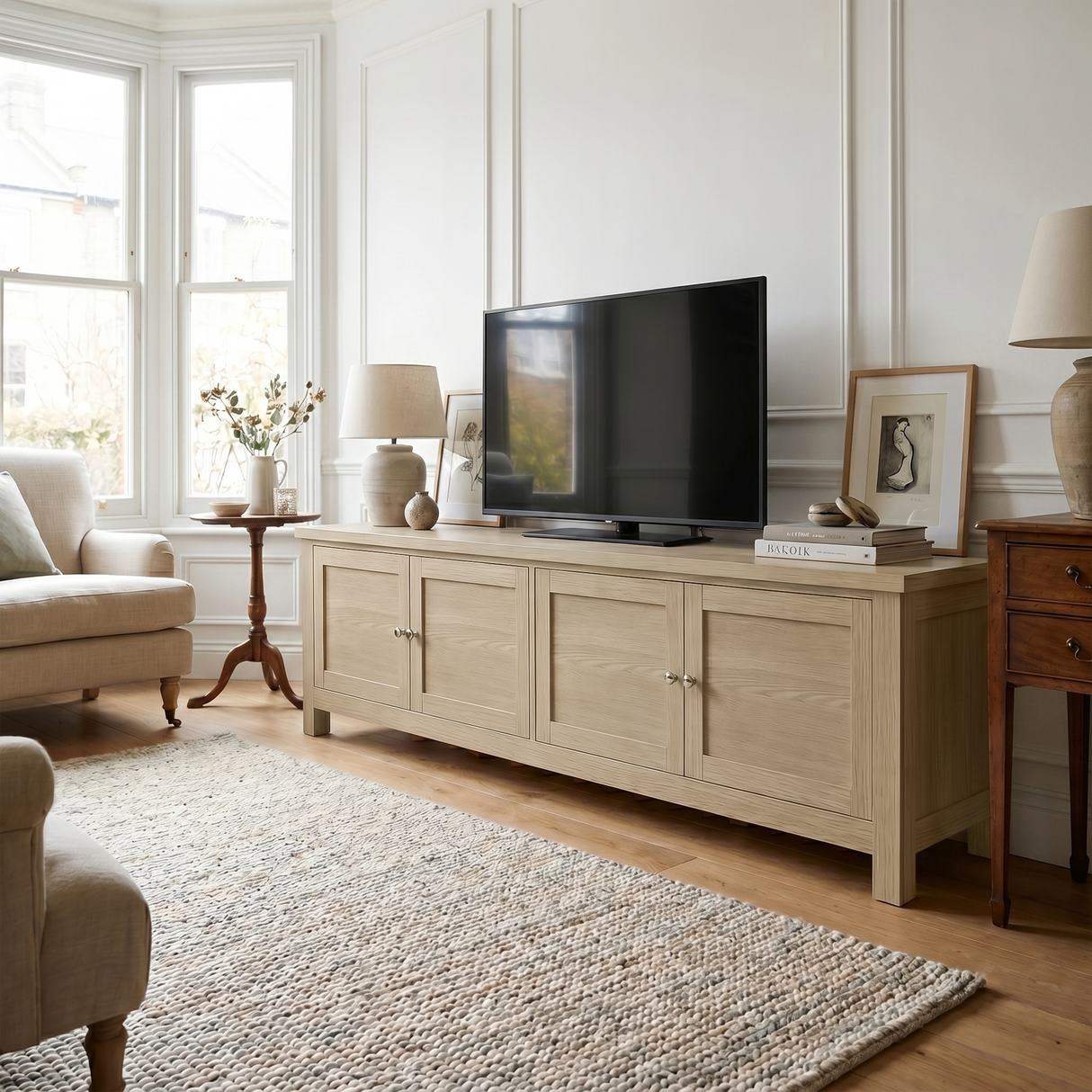 [Oak] Oskara TV unit 180cm in elegant neutral room with large TV, lamp and vase, lifestyle setting